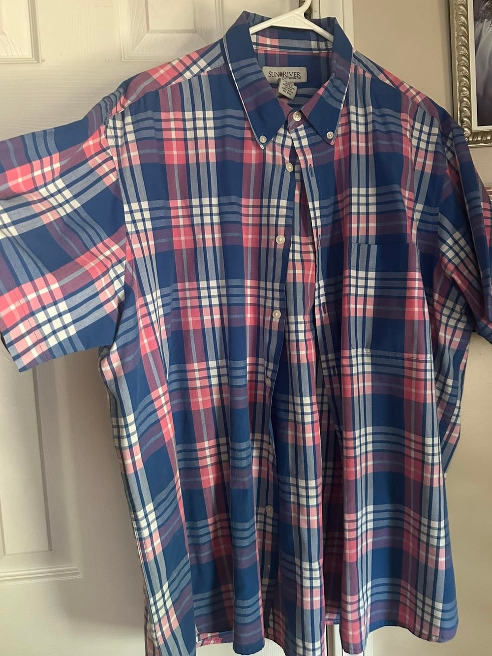 Sunriver Blue and Pink Plaid Short-Sleeve Button-Down Shirt